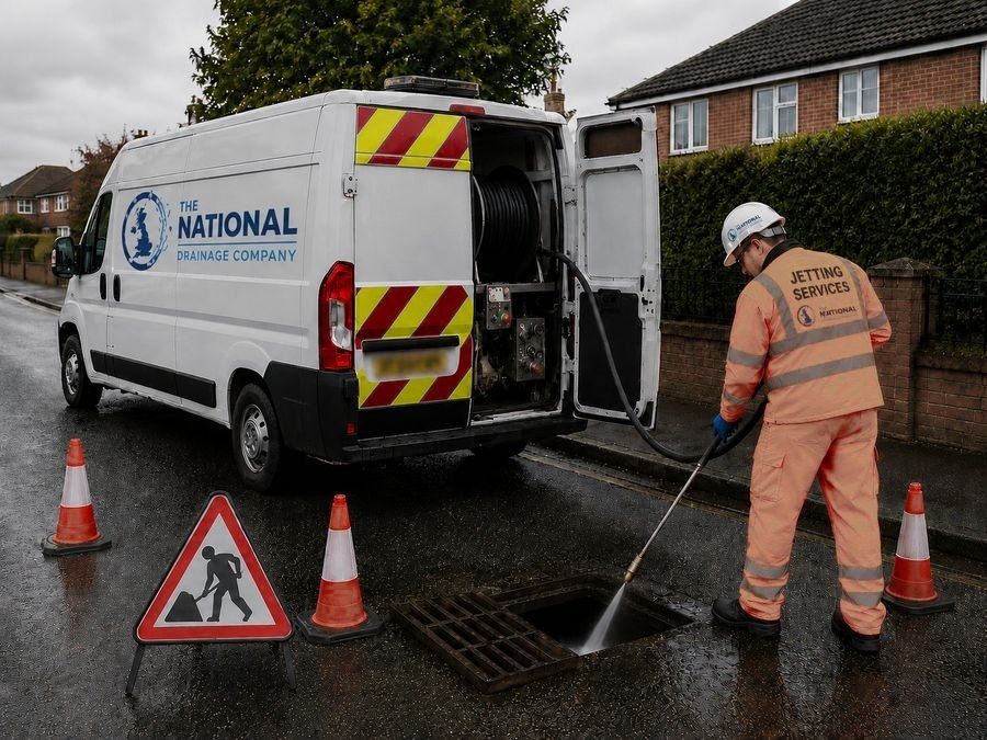 National Drainage Company engineer jetting a drain by the van