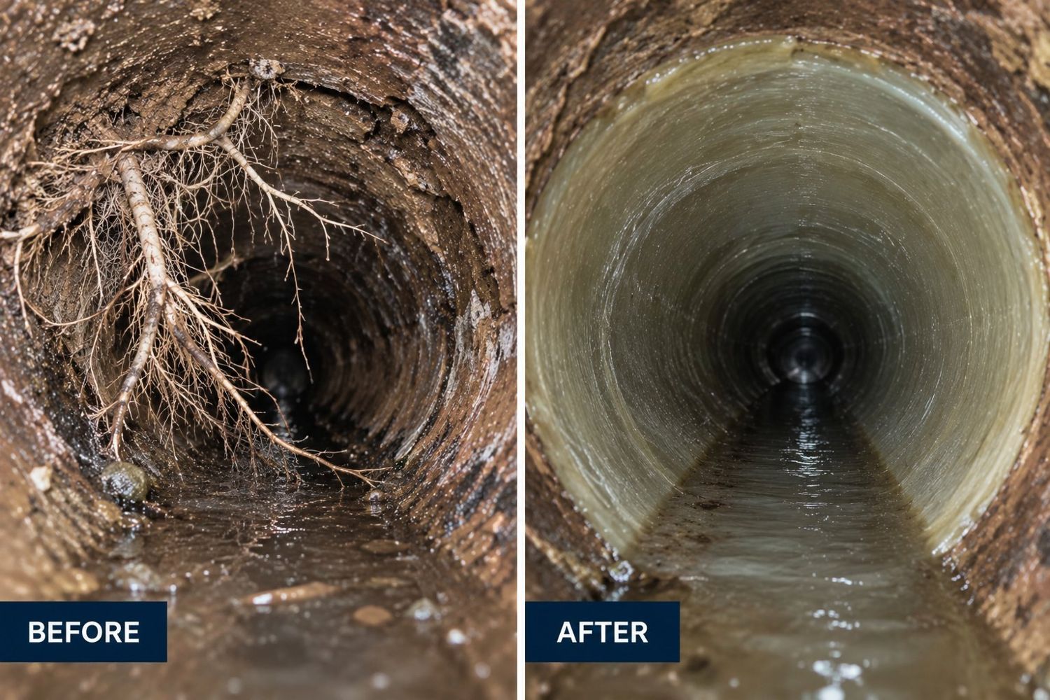 Before and after: a root-damaged drain relined