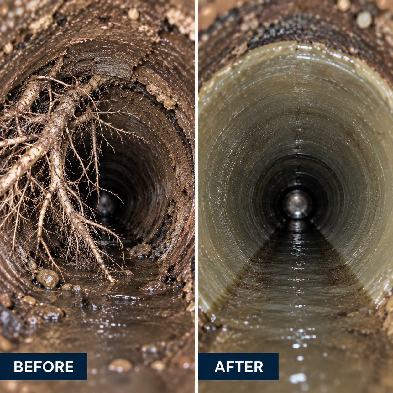 Before and after: tree roots cut out and the drain relined