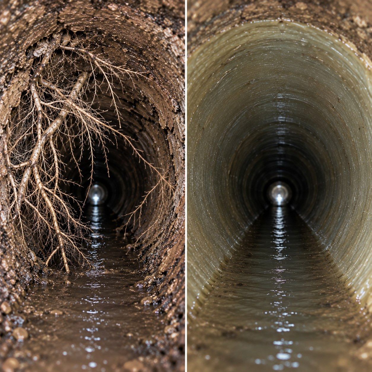 Before and after: tree roots cut out of a drain